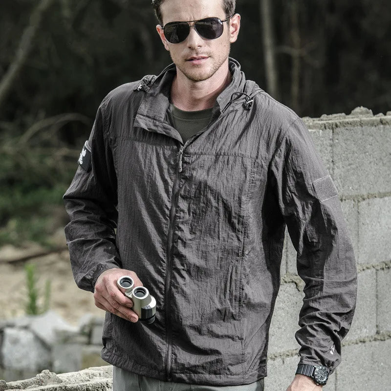 Summer Lightweight Tactical Jacket Men's Windbreaker Thin Skin Hooded Raincoat Quick Dry Breathable Waterproof Jacket