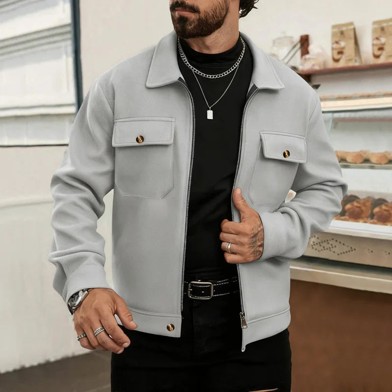 Men's Polyester Brushed Jacket, Lapel Button/Zipper Coat with Pocket, Comfortable Casual Autumn Winter Office Business Wear
