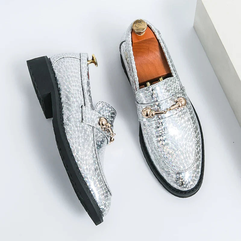 Men's Glossy Leather Shoes European American Luxury Blue High-end Banquet Loafers Commuting Party Dress Formal Shoes Size：38-46