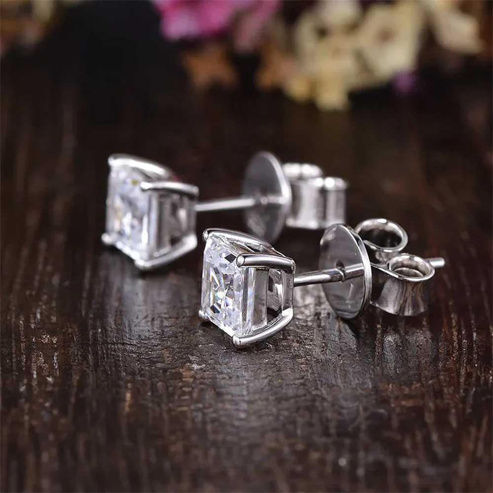 1/2/3/4carat Princess Cut Moissanite Stud Earrings Screw Back 925 Sterling Silver Square Diamond Stud Earring for Women Men Gift