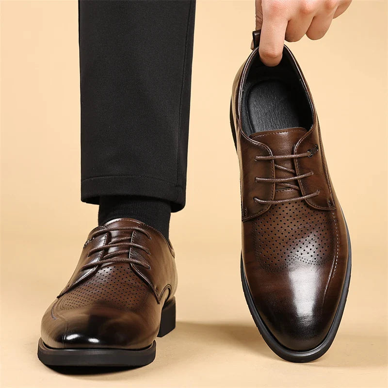 Men's Summer Breathable Leather Shoes Hollow out Comfortable Fashionable Business Formal Derby Shoes British Style-SJ2502-1