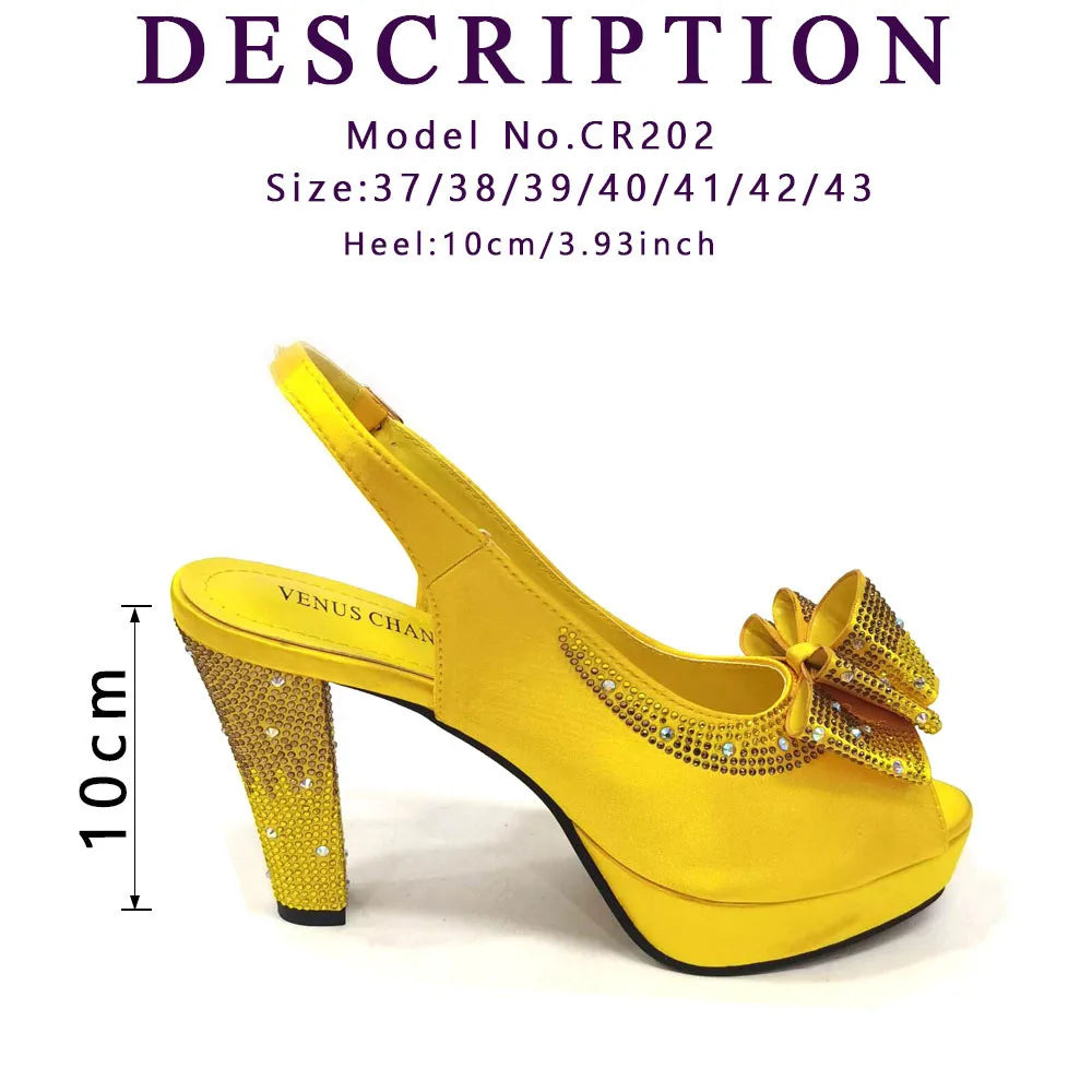 High Quality Yellow Color Fish Beaked Toe Cap Thin Heels Ladies Shoes Matching Bag