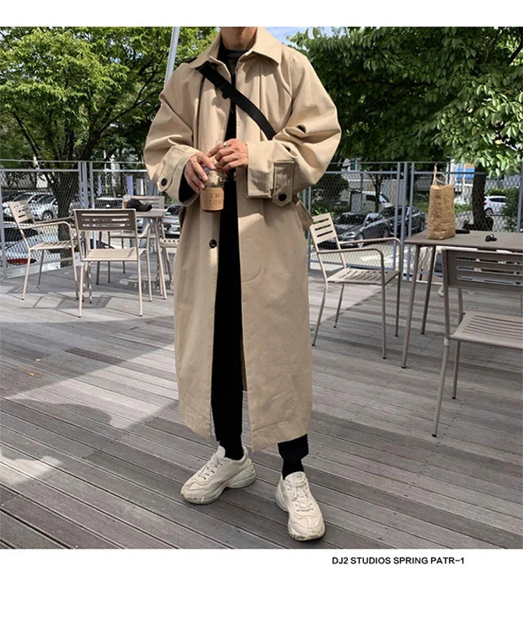 Spring Autumn Long Oversized Black Khaki Trench Coat Men Raglan Sleeve Single Breasted Loose Casual Korean Fashion