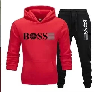 Winter and autumn fleece thickened hooded pullover sweater jacket for men, casual sports outfit, two-piece set for men