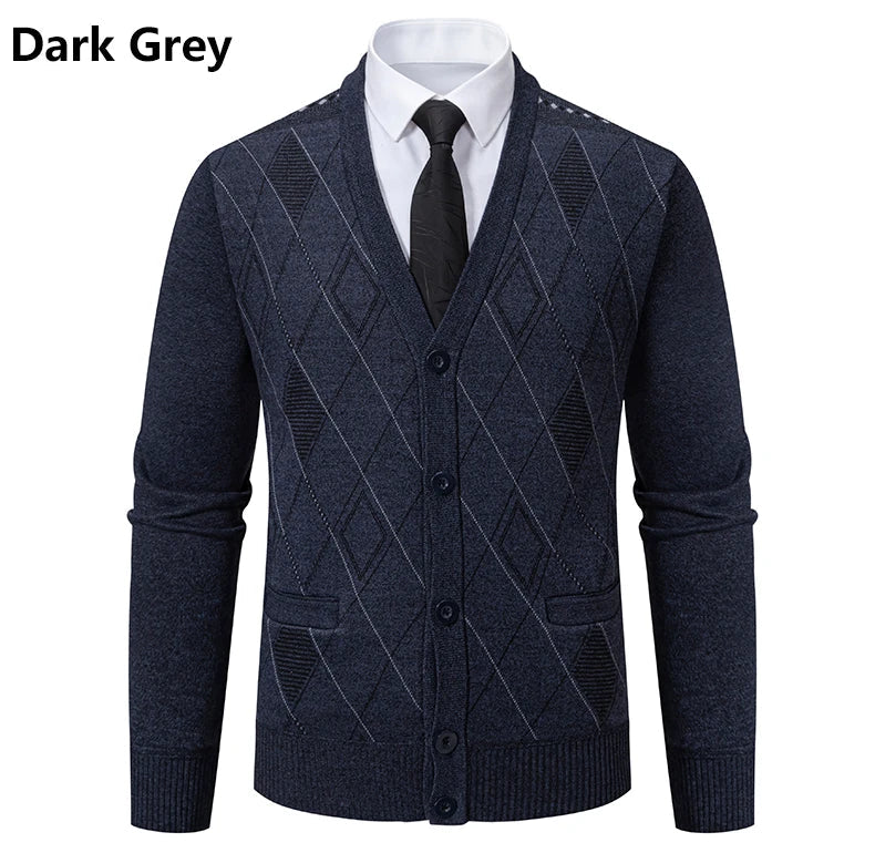 Men Plaid Cardigan V-neck Fleece Sweater Men's  Autumn Clothing Classic Cardigans Jacket Button Mens Knitting Outwear