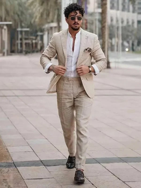 2 Piece Casual Beige Linen Men Suits Single Breasted Slim Fit Notch Lapel Blazer with Pants High Quality Wedding Costume Homme
