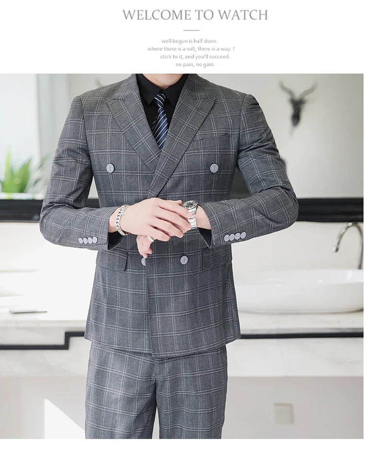 S-5XL ( Blazer + Pants ) Men's High-end Brand Formal Double Breasted Suit Gray 2 Piece Set Wedding Dress Plaid Suit Groom Party