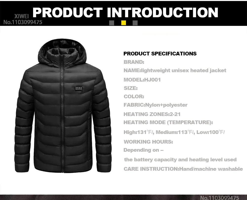 Heated Jacket Men Women USB Self Heated Clothing Washed Cotton Warm Coats Winter Thermal Skiing Camping Hiking Jacket 2-21 Areas