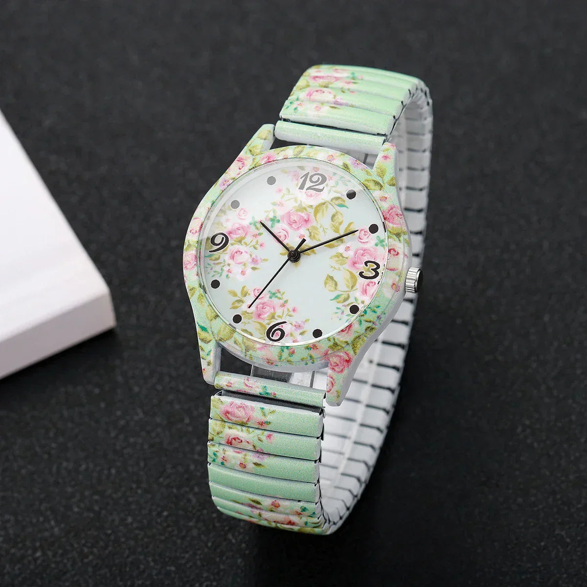 2/3PCS Fashion Flower Printed Women Quartz Wristwatches Set Ladies Casual Elastic Strap Arabic Dial Watch（Without Box）