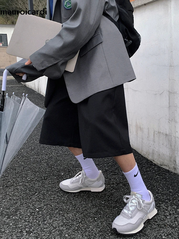 Spring Summer Loose Casual Soft Black Pleated Shorts for Men Mens with High Waist Short Straight Pants Clothes 2024