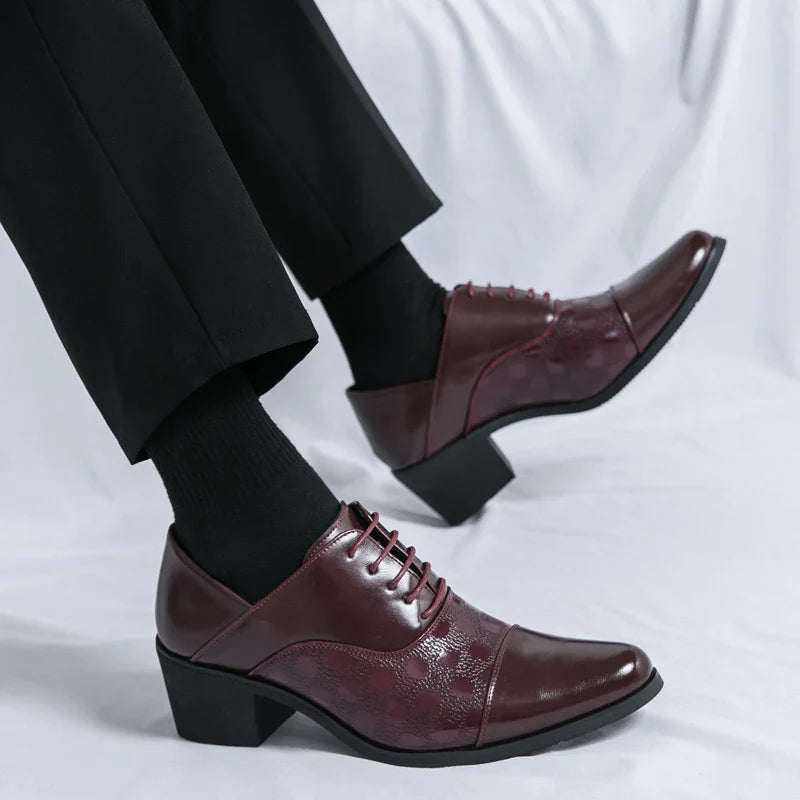 Elegant Mens Dress Shoes Retro Brown Pointed Toe Leather Shoes For Man British Style 6cm High Heeled Shoes Men zapatos de hombre