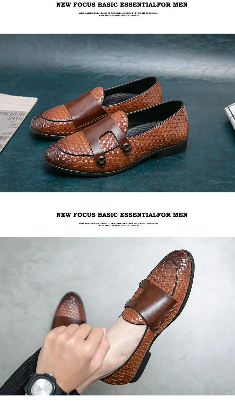 British Style Weave Pattern Microfiber Leather Monk Shoes Mens Buckle Party Wedding Loafers Moccasins Men Driving Flats