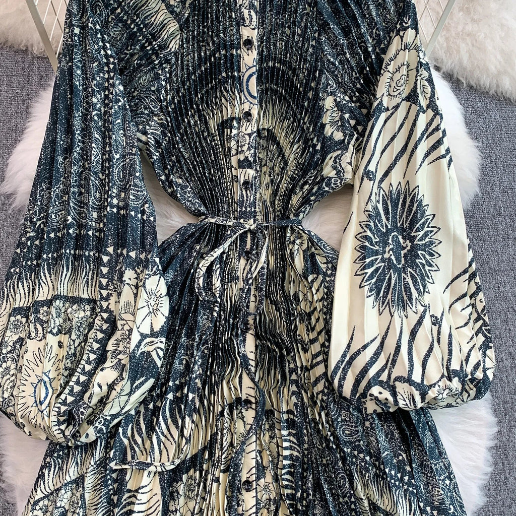 Printed round Ne Lantern Sve Dr Women's Single Button Waist Cinch Maxi Skirt Long Dr Commute Sle Autumn