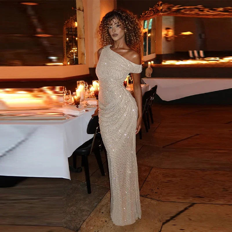 Women's Luxury Nude Sequin Mermaid Prom Dress Off-shoulder Ruched Sparkly Crystals Formal Party Gown Floor-length Evening Dress