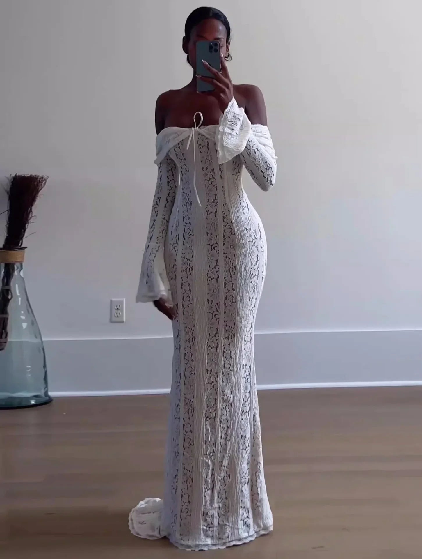 Oligai Elegant Off The Shoulder Bodycon Dress 2024 New in White Flare Sleeve Lace Maxi Dress Wedding Guest Dress for Women
