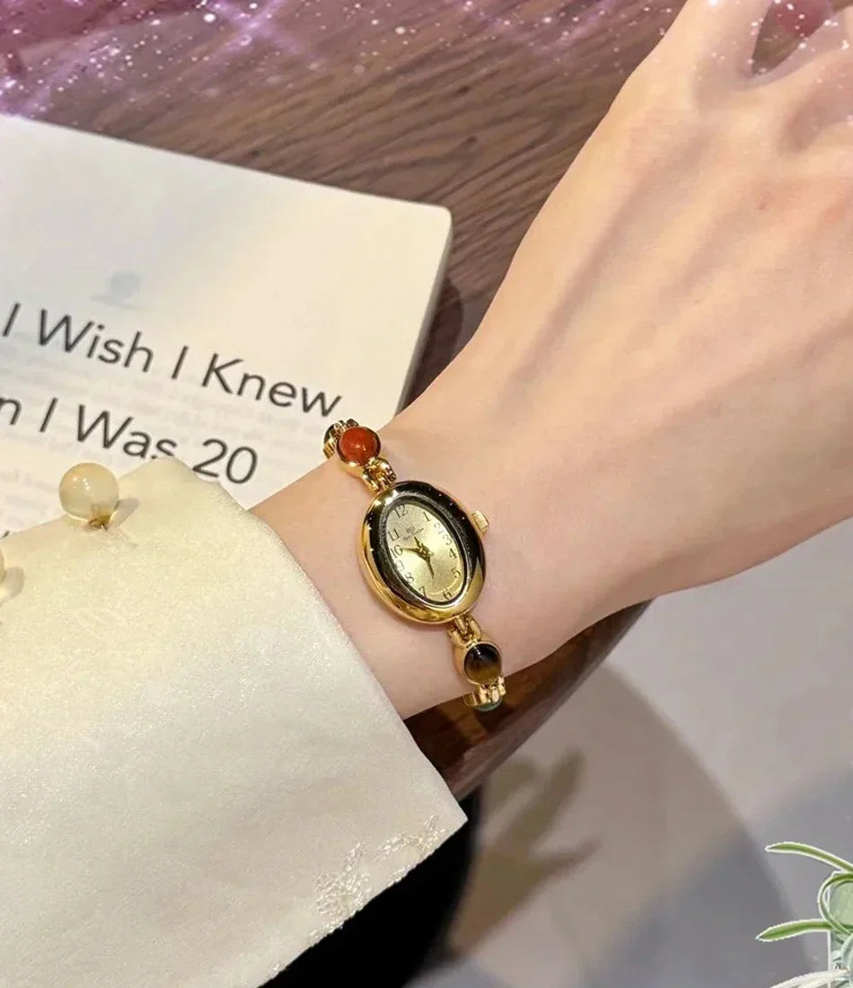 Luxury Vintage Quartz Women's Watches Fashion Natural Green Jade Bracelet Clock Numerals Small Oval Dial Watch Woman Accesories