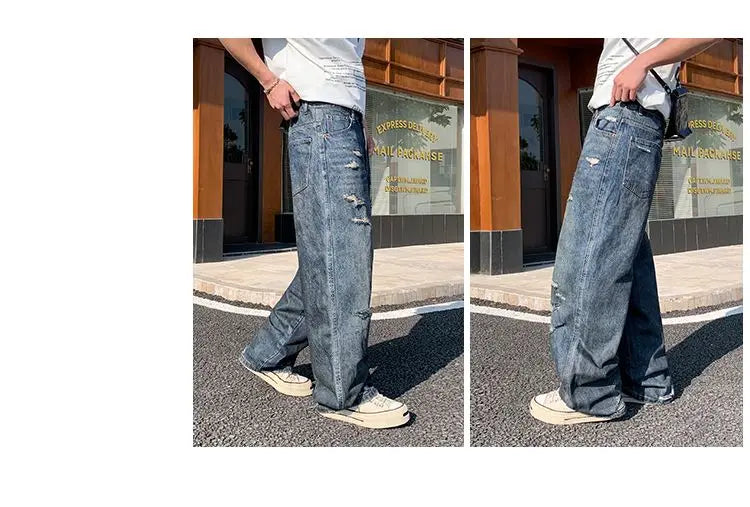 American-style distressed wide-leg jeans, loose-fitting washed and distressed straight-leg jeans, trendy brand.