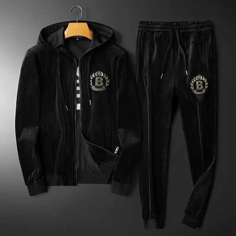 Autumn Men's Sportswear Solid Color Solid Color Zipper Hooded Pocket Jacket Drawstring Trousers Sports Clothing Set