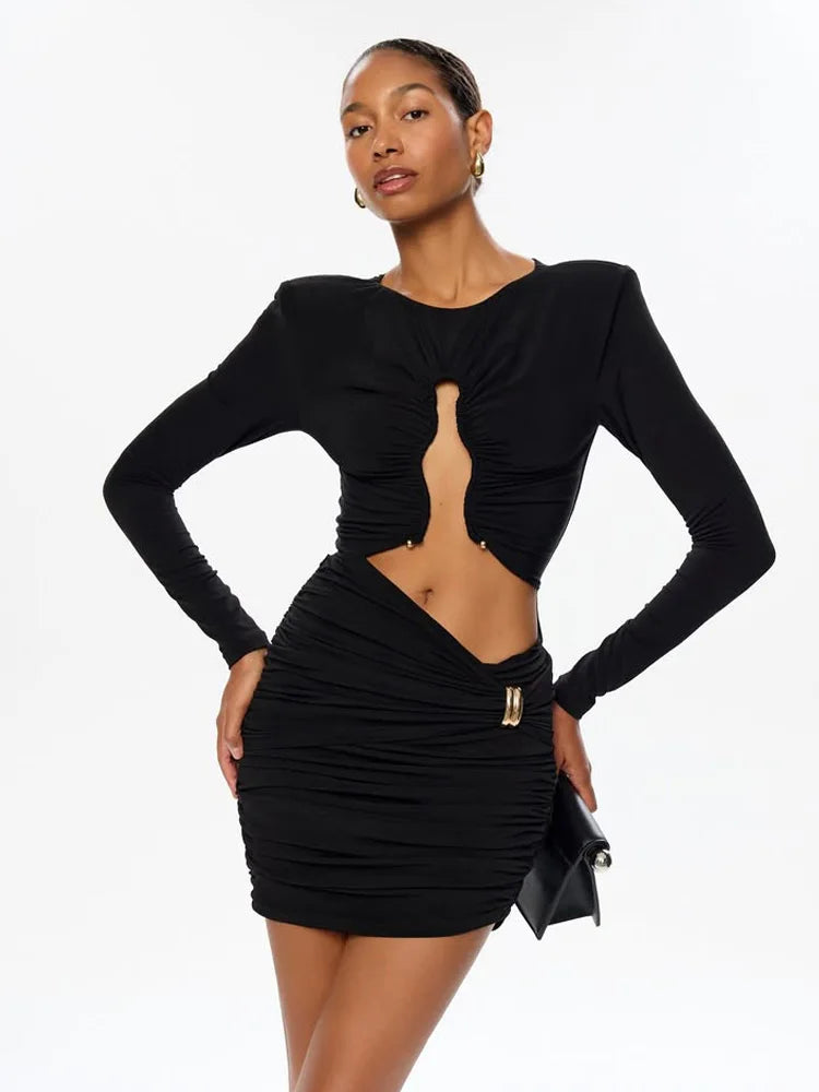 O Neck Hip Wrap Women Dresses Long Sleeve Hollow Out Fashion Sexy Club Skinny Solid Hip Wrap Bodycon Female Elegant