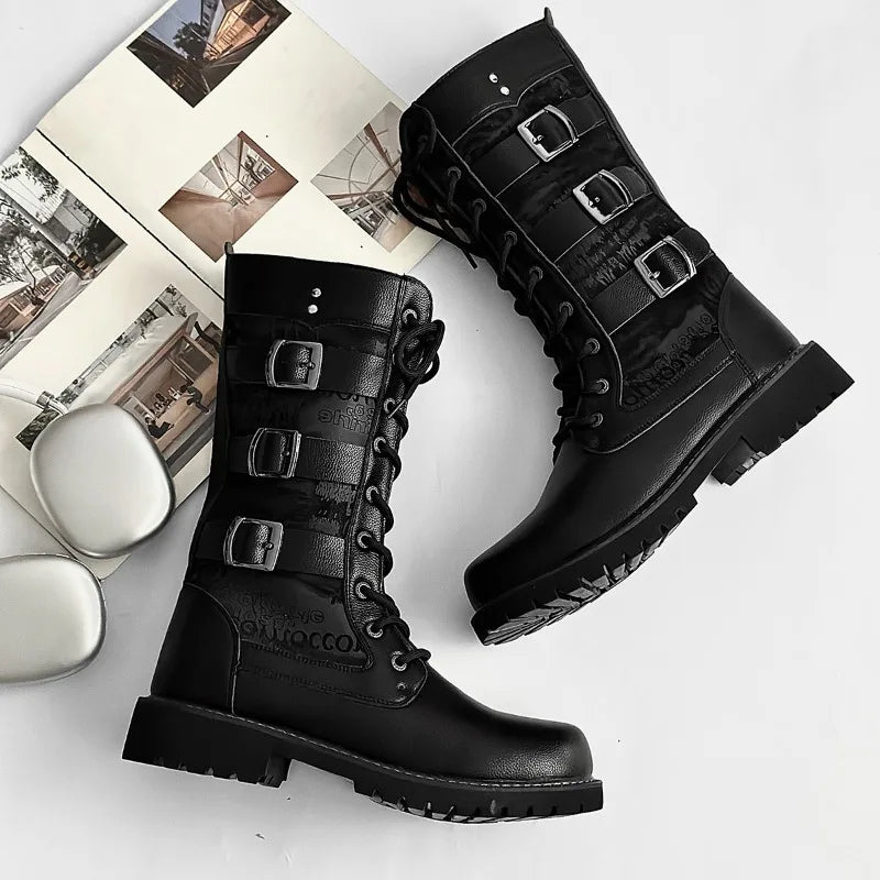 Men's High-top Boots Fashion Street Rock Punk Boots Motorcycle Boots for Men Lace-up Platform Boot Mid-Calf Casual Leather Botas