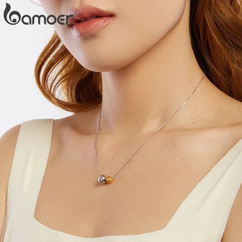 BAMOER 925 Sterling Silver Round Ball Beads Pendant Necklace Fashion Waterproof Metal Daily Gold Plated Trendy Jewelry for Women