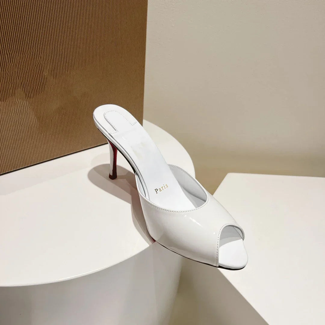 New patent leather nude high heels stiletto round head open-toed fish mouth shoes sexy outer slippers women's muller shoes