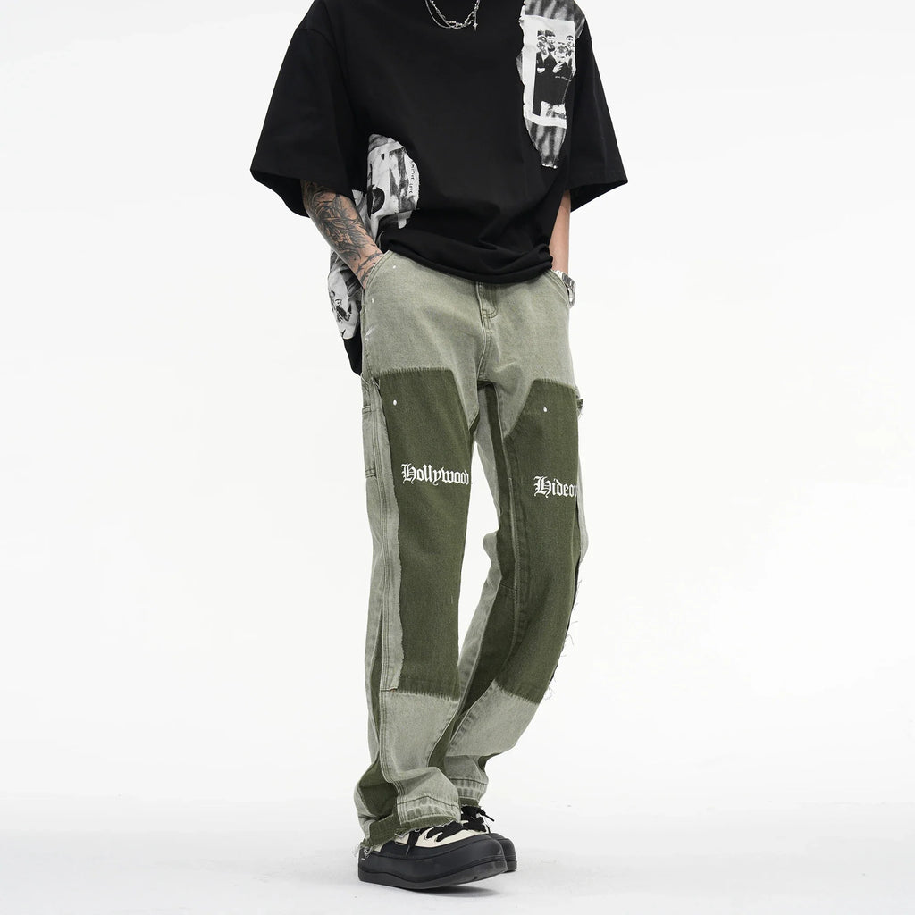 Vintage Distressed Jeans Green Graffiti Men's Flared Denim Jean