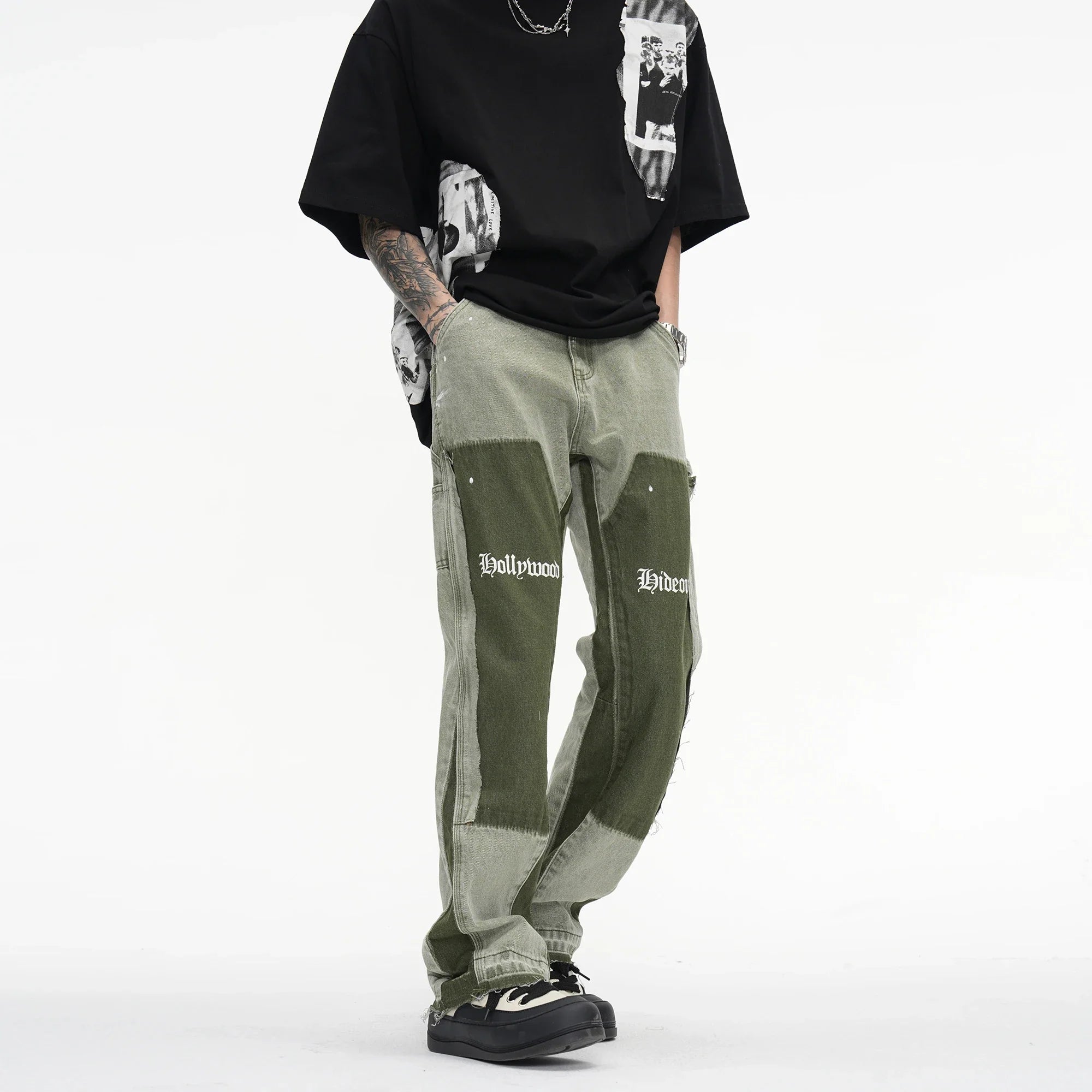 Vintage Distressed Jeans Green Graffiti Men's Flared Denim Jean
