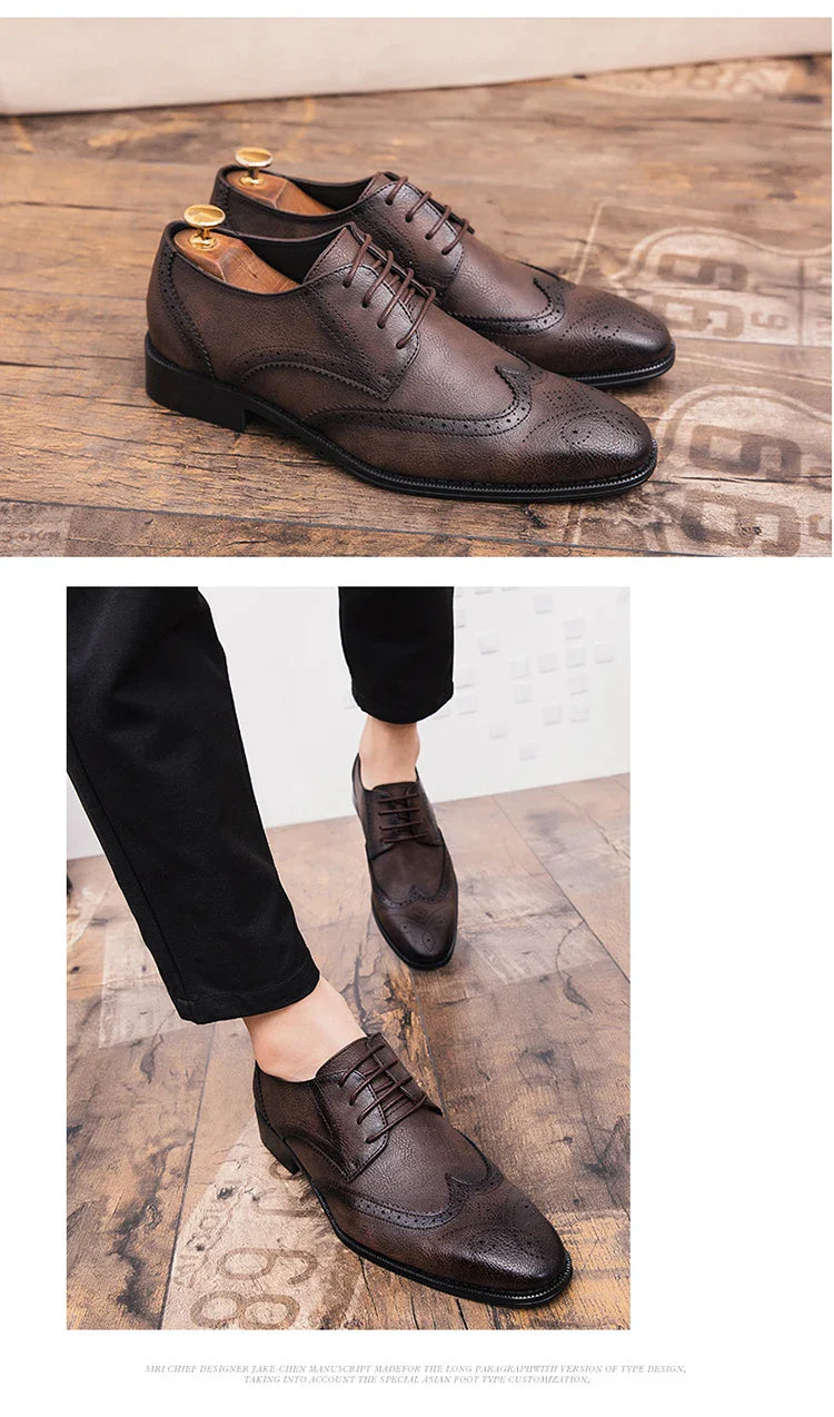 Lace-up casual leather shoes Men's wedding carved Brogues men's formal business pointed shoes Groom's leather shoes