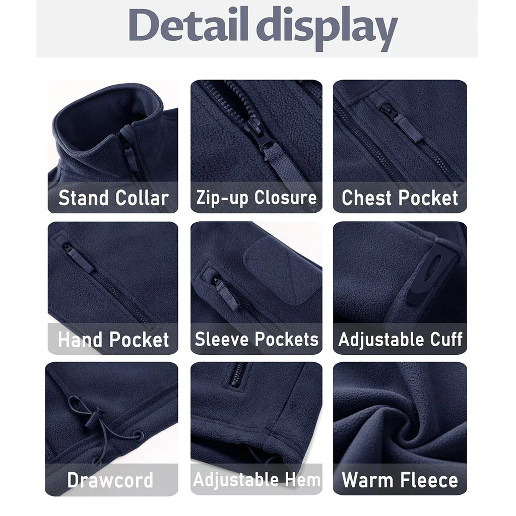 Men's Fleece Jacket Soft Warmth Windproof Full Zip Up Coat Multiple Zipper Pockets Hiking Working Outdoors Windbreaker