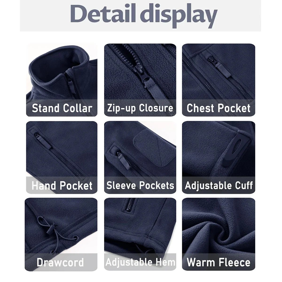 Men's Fleece Jacket Soft Warmth Windproof Full Zip Up Coat Multiple Zipper Pockets Hiking Working Outdoors Windbreaker