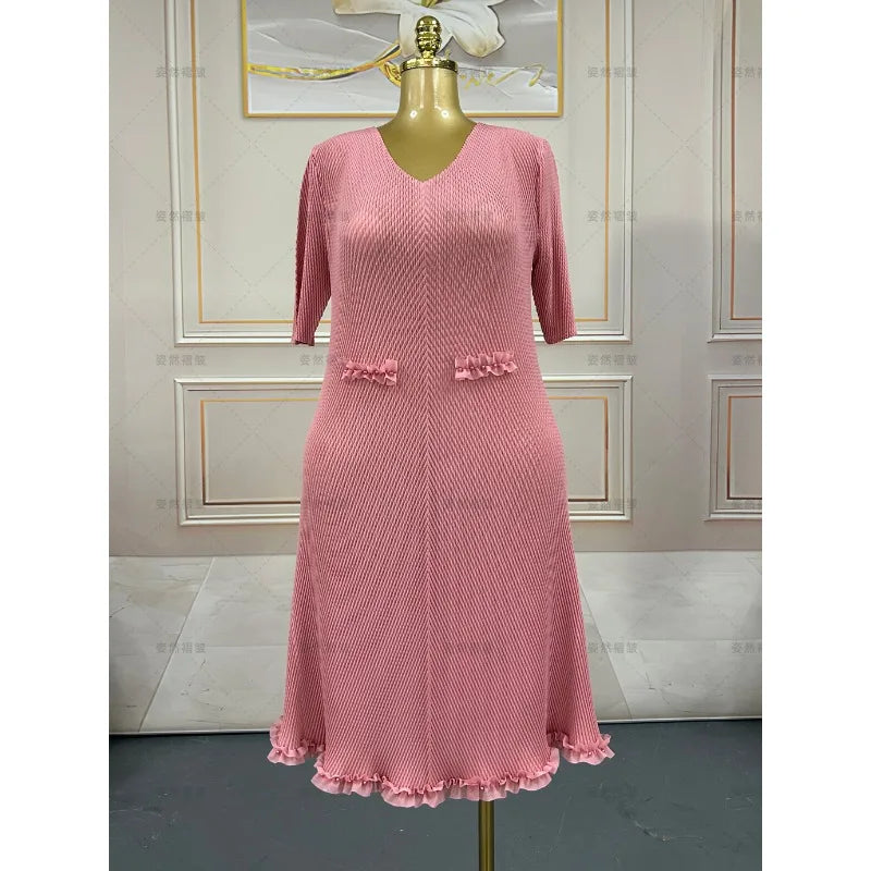 Miyake Pleated Dresses 2026 New Elegant V-Neck Fashion Plus Size Elastic European Women's Elegant Ball Gown Knee-Length Dress