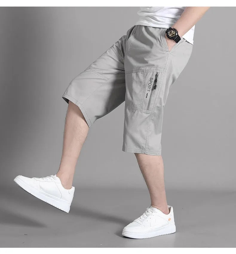 Men Cropped Cargo Shorts Men's Casual Sports Pants Zipper Pocket Summer Cotton Shorts Running Jogger Shorts Elastic Waist