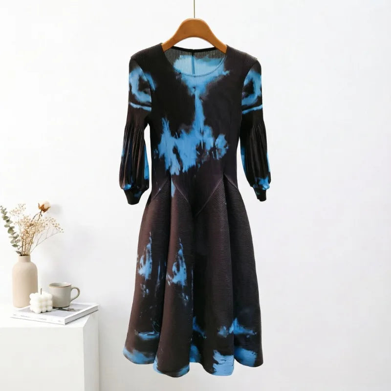 Miyake Pleated Dresses 2026 Autumn New Gentle French Print Elegant Stretch Plus Size Women's Long Sleeve Bounce Flower Bud Dress