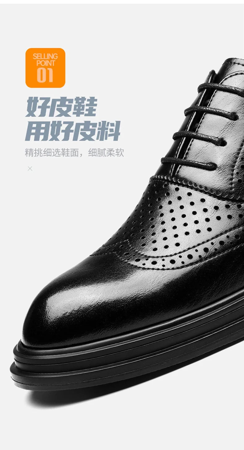 Spring Summer Hallow Leather Shoes for Men 3 6 8cm Increase Fashion Dress Shoes Male Black Business Casual Shoes Man