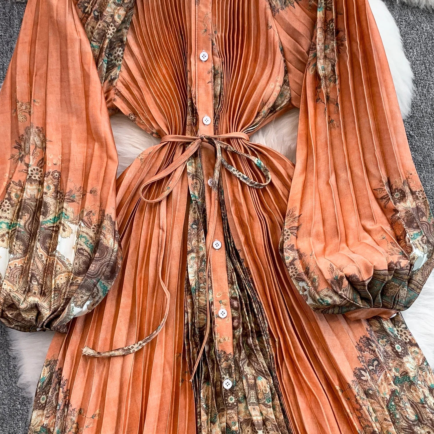 Printed round Ne Lantern Sve Dr Women's Single Button Waist Cinch Maxi Skirt Long Dr Commute Sle Autumn