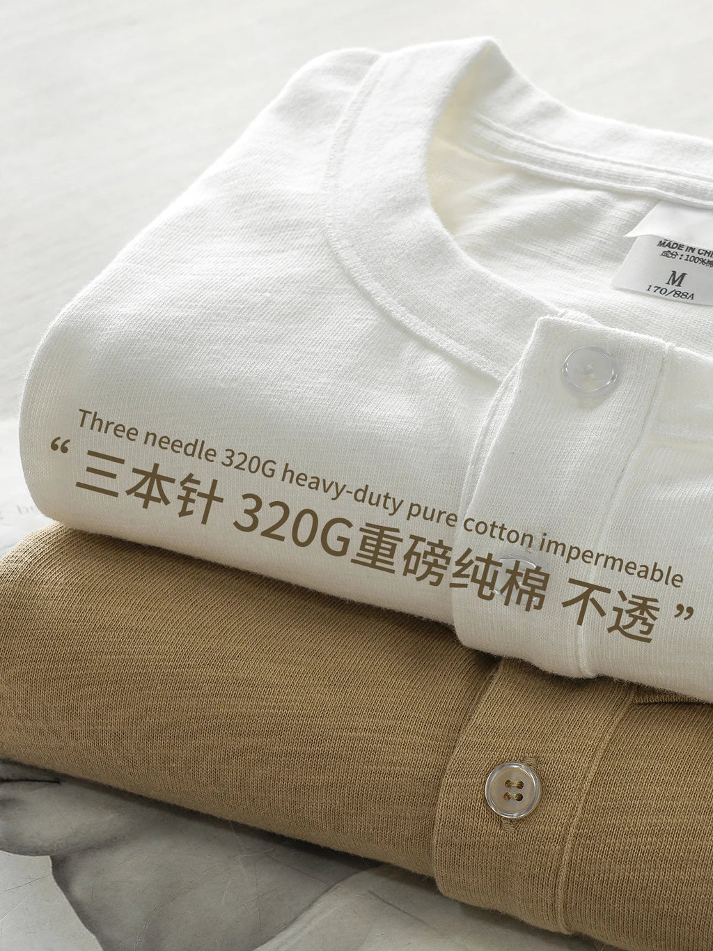 320G Heavyweight 100% Cotton Henley Neck T Shirt for Men Long-Sleeved Spring Autumn Casual Tops Solid Color Undershirts