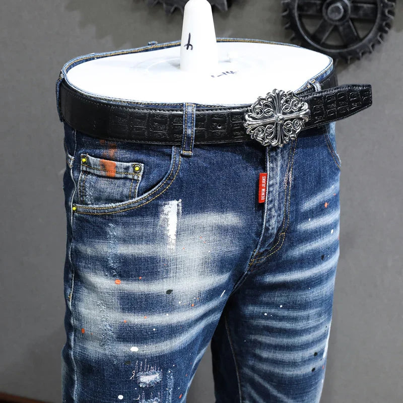 Fashion Designer Men Jeans Retro Blue Stretch Slim Fit Painted Ripped Jeans