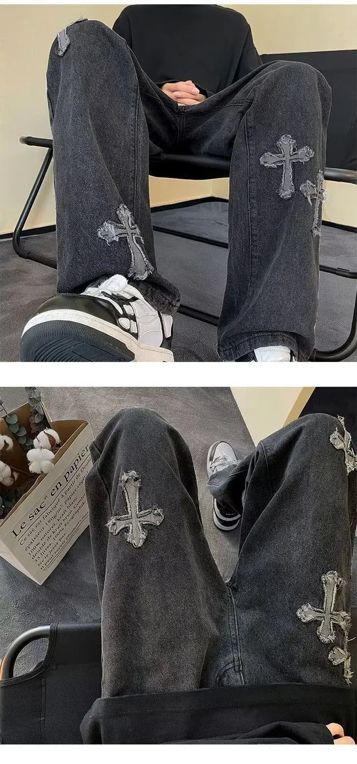 Vintage Men's Straight Jeans Cross Embroidery Casual Jeans Denim Loose Hip Hop Four Seasons Fashion Streetwear Pants Black Blue