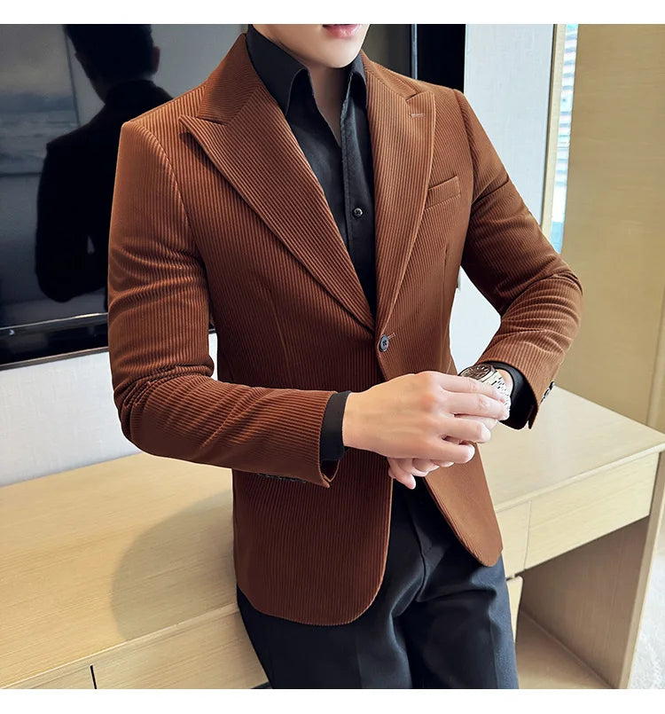 Corduroy Stripe Suit Jacket For Men Autumn Winter Business Slim Fit Tailcoat Formal Wedding Party Fashion Casual Suit Coat 4XL-M