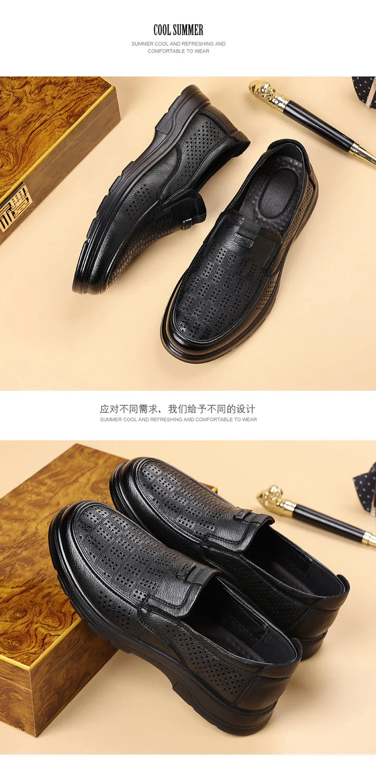 Men's Summer Breathable Leather Loafers Brown Hollow Out Slip-On Shoes Male Thick Sole Comfortable Non-slip Work Shoes for Man
