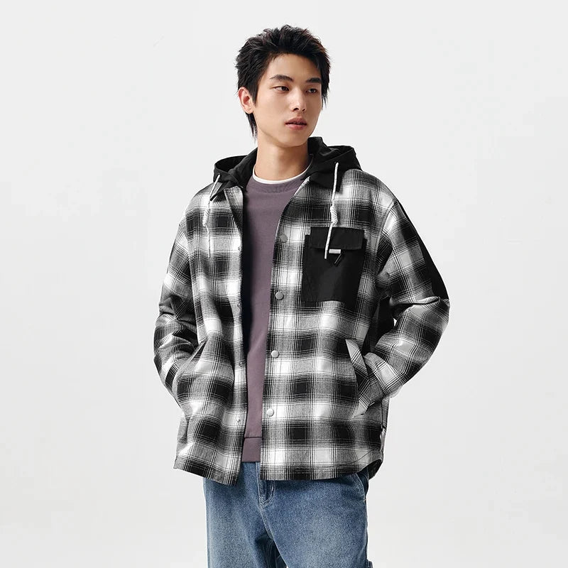 Outerwear Men 2024 Spring New Patchwork Contrast Color Checkered Top Detachable Hooded Fashionable