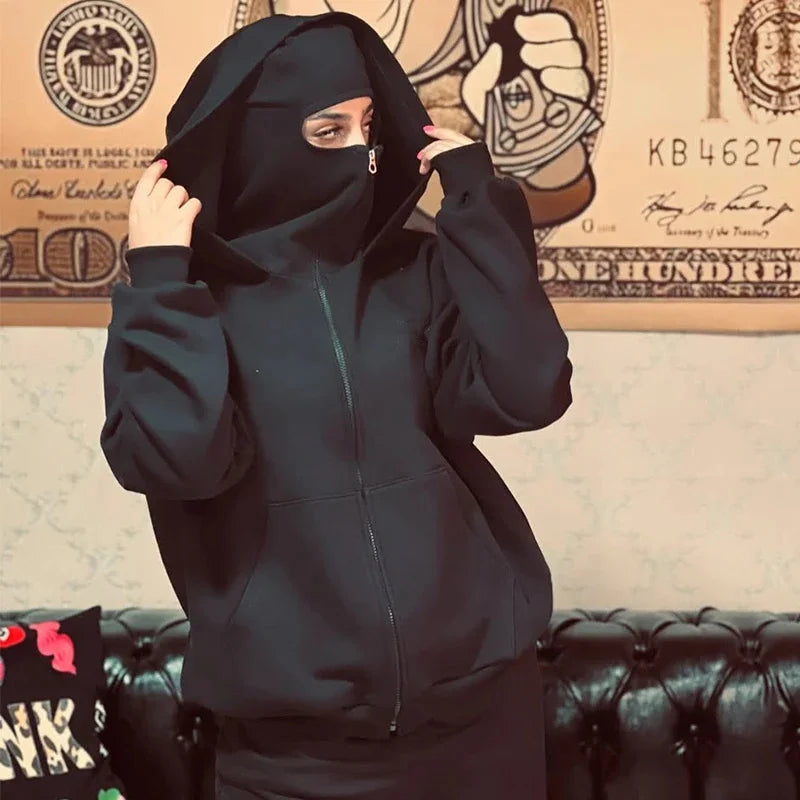 بالاكلافا رجالي ونسائي Y2K قوطي هاراجوكو شتوي جديد سويت شيرت بقبعة مزدوجة للرجال قناع بغطاء رأس بسحاب ملابس رياضية
