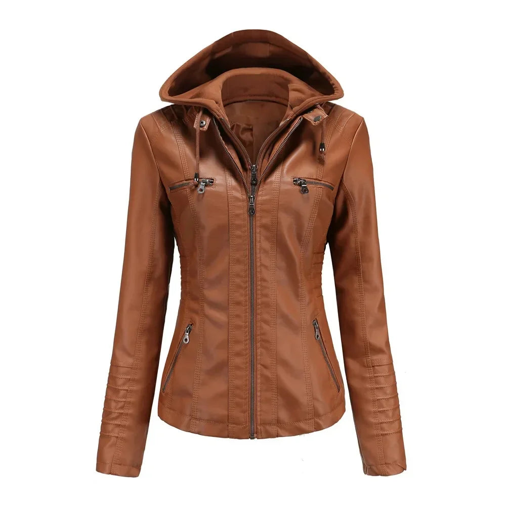 Women’s hooded jacket coat set, detachable design, faux leather, spring autumn, regular fit, L–XXL