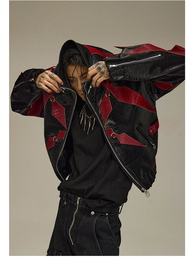 Spring Autumn Cool Handsome Crocodile Print Patchwork Pu Leather Jacket Men Color Block Luxury Designer Clothes 2024