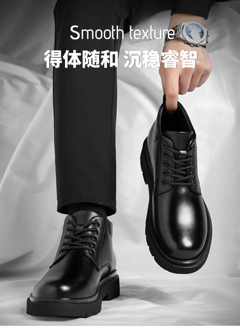 Mens Black Leather Lace Up Mid Top Boots Winter Warm Formal Business Office Wedding Shoes Black Work Boots Fashionable Dad Shoes