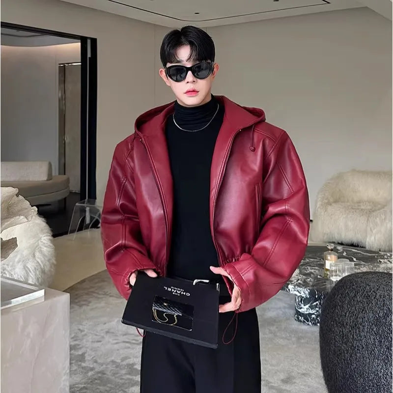 Spring Autumn Short Waterproof Black Pu Leather Jacket Men Hood Zipper High Waist Loose Casual Korean Fashion 2025