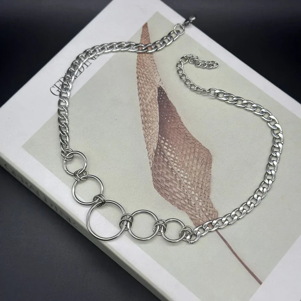 Goth Stainless Steel Curb Chain Circle Choker Necklace for Women Grunge Alternative Collar Adjustable Length