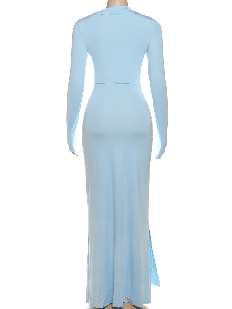 Ruched Elegant Maxi Dress Women Daily Casual Fashion Skinny Full Sleeve Solid Gown Midnight Prom Party Long Bodycon