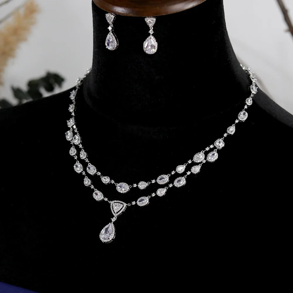 White Transparent Two-layer Water Drop 2PCS Crystal Necklace and Earring Zircon Jewelry Sets Wedding Party Bridal Accessories